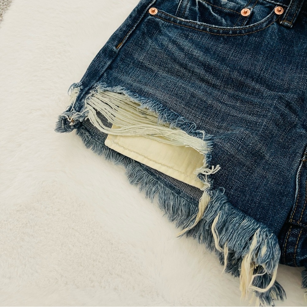 Free People Dark Blue Frayed Jean Shorts - Picture 3 of 6